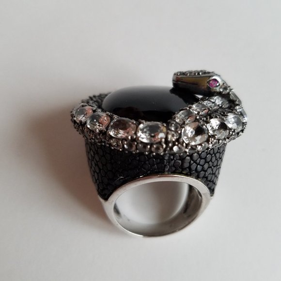 Women's Silver 925 Aquamarine Black Onyx Stingray Skin Snake Ring Size 8 - Picture 8 of 15